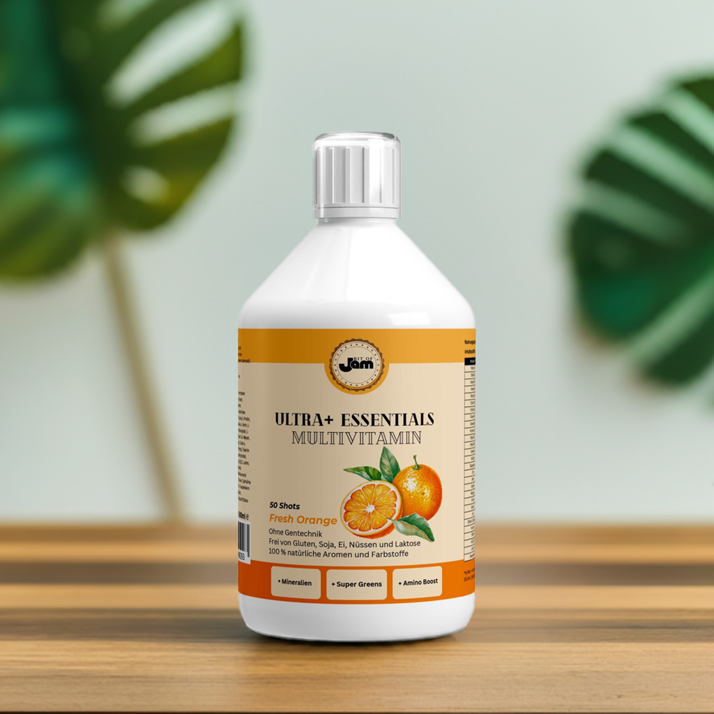 Orange-flavored multivitamin shot – daily dose for immunity and energy Ingredients: amino blend, green blend, and vitamins in a 500ml bottle
