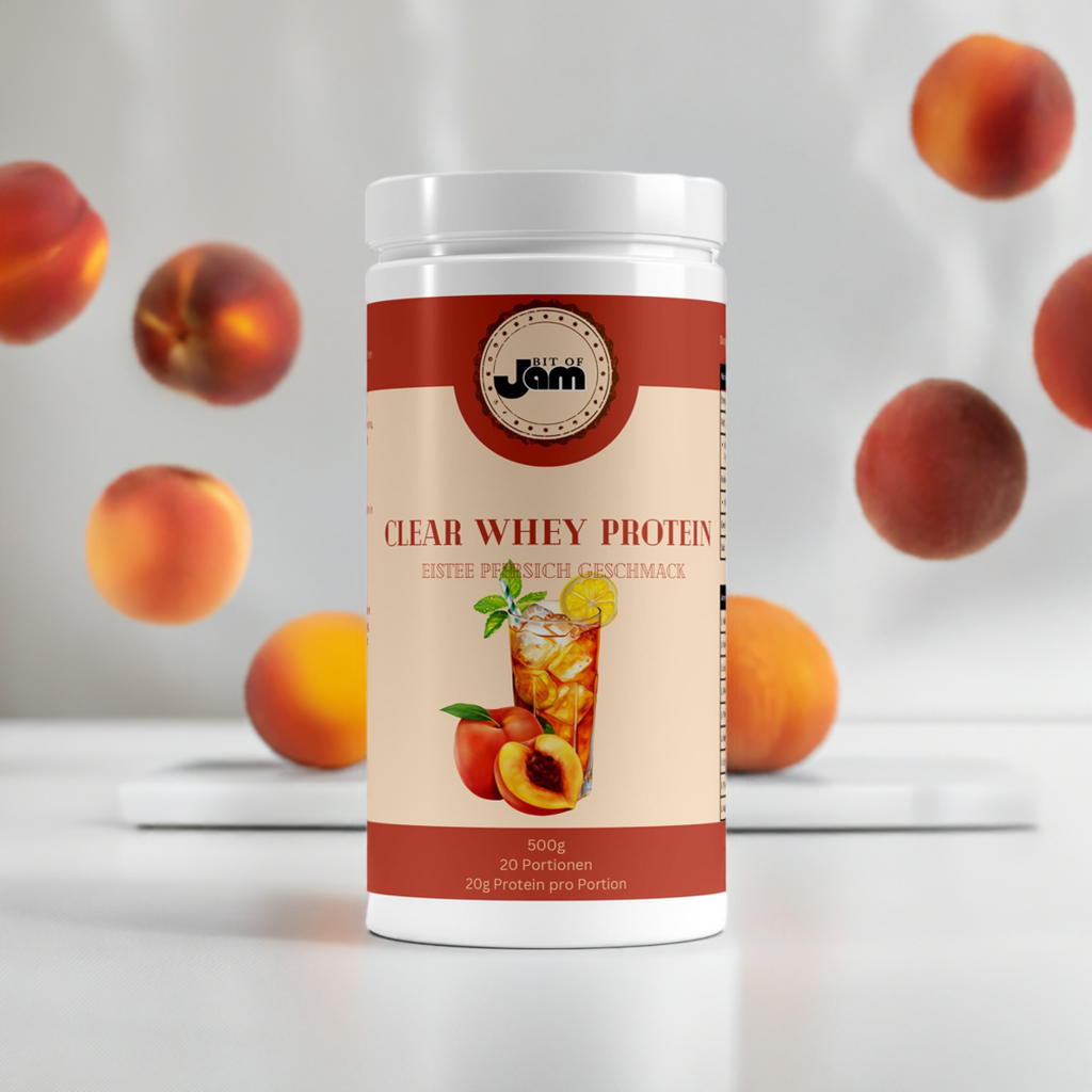 clear whey protein perzik verpakking – voorkant leichtes whey protein mit pfirsichgeschmack